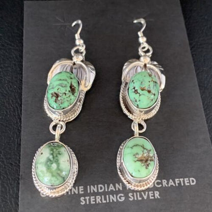 Navajo Green Spiderweb Turquoise Dangle Earrings | Sterling Silver | Authentic Native American Handmade | 13544