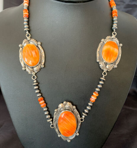Navajo Pearls Orange Spiny Oyster Pendant Necklace | Sterling Silver | Authentic Native American Handmade | 10808