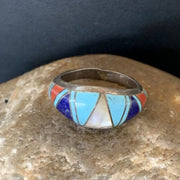 Navajo Multi-Color Turquoise Lapis Coral Mother of Pearl Inlay Ring | Sterling Silver | Sz 7.5 | 12398