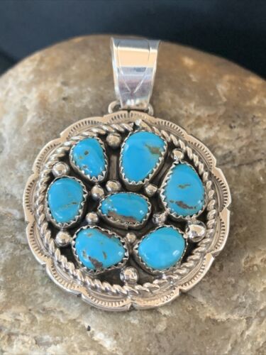 Navajo Blue Turquoise and Multi-Stone Round Cluster Pendant | Authentic Native American Sterling Silver | 2" | 02096