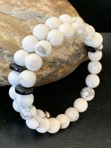 Navajo Memory Wire Bracelet | Stainless Steel | Howlite & Onyx Beads | Sterling Silver | 01956