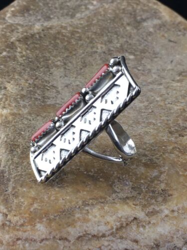 Navajo Red Coral Multi-Stone Ring | Authentic Native American Sterling Silver | Multi-Stone | Sz 7.5 | 10094