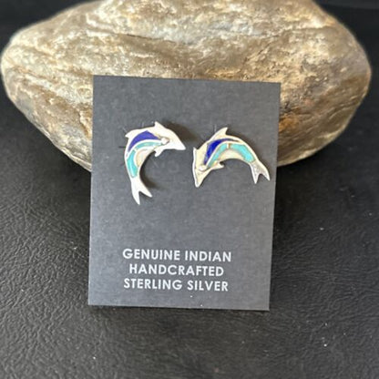 Navajo Multi-Color Dolphin Earrings | Turquoise Lapis Inlay | Sterling Silver | Authentic Native American Handmade | 14657