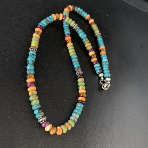 Navajo Blue Turquoise & Orange Spiny Oyster Necklace | Sterling Silver | 18" | 13433