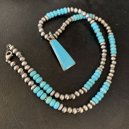 Navajo Blue Turquoise Inlay Pendant Necklace | Sterling Silver | Authentic Native American Handmade | 13866