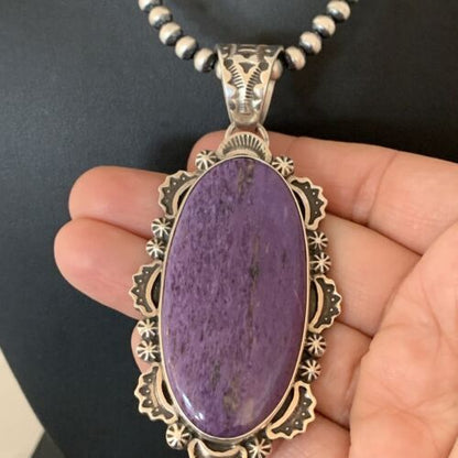 Southwestern Navajo Pearls Necklace | Sterling Silver Charoite Pendant | Authentic Native American Handmade | 01279