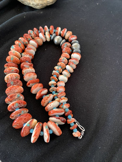 Navajo Red Spiny Oyster & Turquoise Necklace | Sterling Silver Graduated Navajo Pearls | Authentic Native American | 28" | 00912