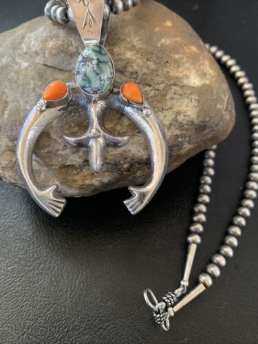 Navajo Pearl Necklace with Green Turquoise & Spiny Oyster Naja Pendant | Sterling Silver | Authentic Native American Handmade | 11701