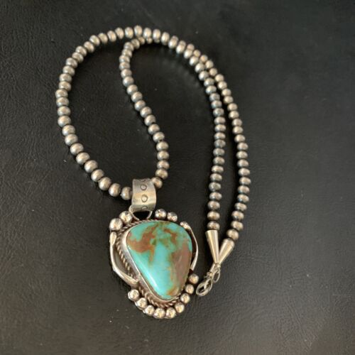 Men's Navajo Green Blue Turquoise Pendant Necklace | Sterling Silver | Authentic Native American Handmade | 13663