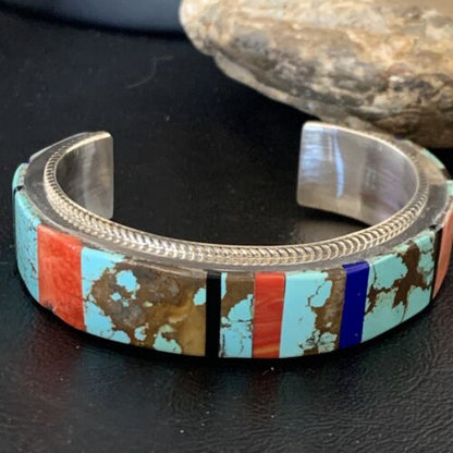 Men's Navajo Turquoise Spiny Lapis Inlay Bracelet | Sterling Silver | Authentic Native American Handmade | 12236