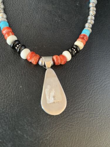 Navajo Multi-Color Turquoise Onyx Inlay Pendant Necklace | Sterling Silver | Authentic Native American Handmade | 13799