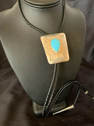 Men's Bolo Tie | Navajo Blue Kingman Turquoise | Sterling Silver | Authentic Native American Handmade | 12146