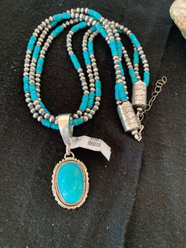 Navajo Pearls Kingman Turquoise Pendant Necklace | Sterling Silver | 3-Strand Set | 21" | 3001