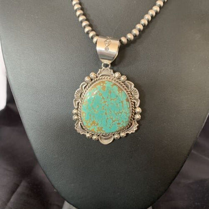 Navajo Blue #8 Turquoise Pendant Necklace | Sterling Silver | Authentic Native American Handmade | 10228