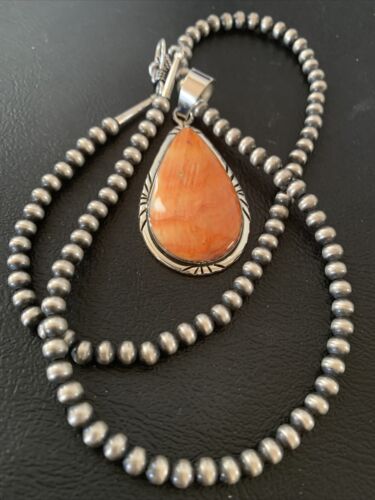Navajo Men's Orange Spiny Oyster Pendant Necklace | Sterling Silver | Authentic Native American Handmade | 01760