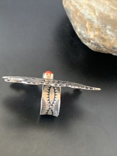 Navajo Stamped Coral Ring | Sterling Silver | Sz 8 | Authentic Native American Handmade | 11506