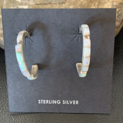 Native American Navajo Hoop Earrings Set | Sterling Silver White Opal | 12772