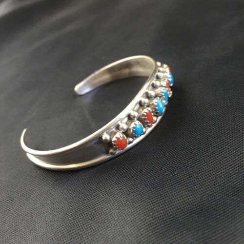 Navajo Children's Blue Turquoise Coral Cuff Bracelet | Sterling Silver | 4" | 10248