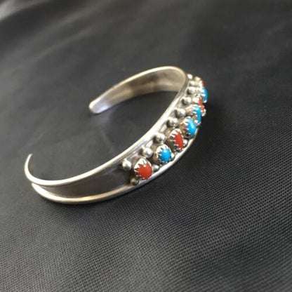 Navajo Children's Blue Turquoise Coral Cuff Bracelet | Sterling Silver | 4" | 10248