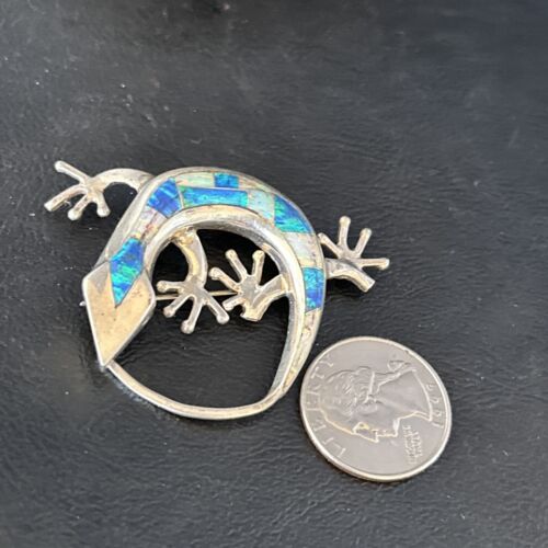 Navajo White Blue Opal Lizard Pin Pendant | Inlay Gecko | Sterling Silver | Authentic Native American Handmade | 14335