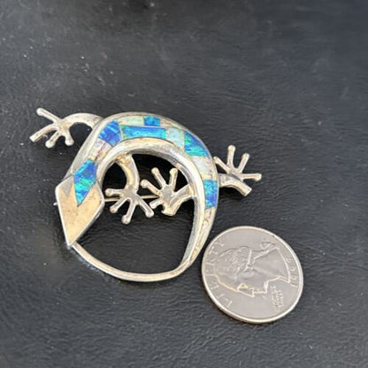 Navajo White Blue Opal Lizard Pin Pendant | Inlay Gecko | Sterling Silver | Authentic Native American Handmade | 14335