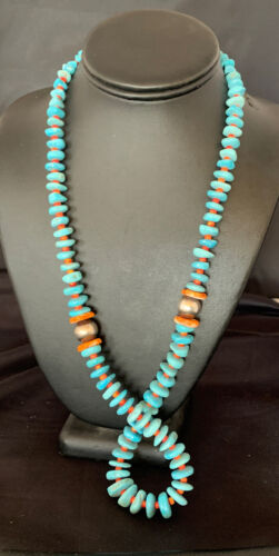 Navajo Natural Turquoise & Spiny Oyster Necklace | Sterling Silver | Authentic Native American | 29" | 13232
