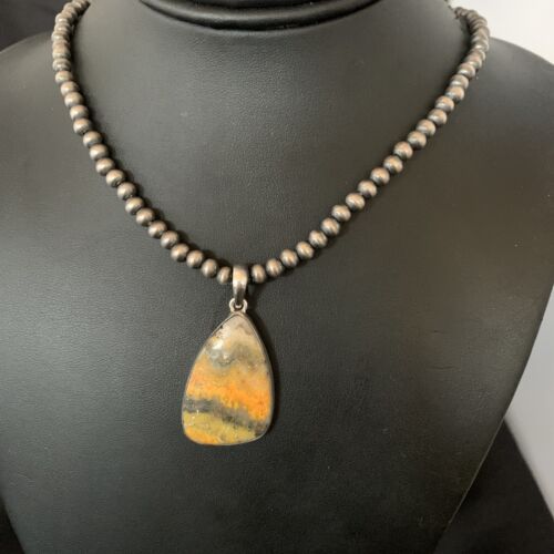 Navajo Yellow Bumblebee Jasper Pendant Necklace | Sterling Silver | Authentic Native American Handmade | 12806