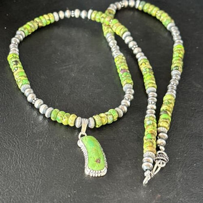 Navajo Green Turquoise Pendant Necklace | Sterling Silver | 22" | Authentic Native American Handmade | 14614 - Masha USA