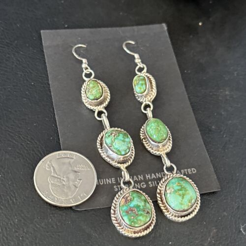 Navajo Green Sonoran Gold Turquoise Dangle Earrings | Sterling Silver | Authentic Native American Handmade | 14408