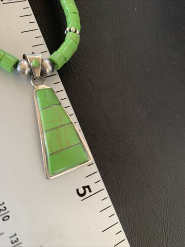 Native American Navajo Sterling Silver Necklace | Green Gaspeite Inlay Pendant | 12150