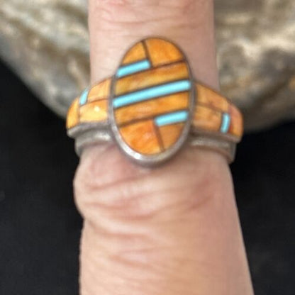 Navajo Blue Turquoise Spiny Oyster Inlay Ring | Sz 6.5 | Authentic Native American Handmade | 14557