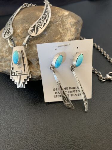 Native American Hopi Blue Kingman Turquoise Necklace & Earrings Set | Sterling Silver | 2101