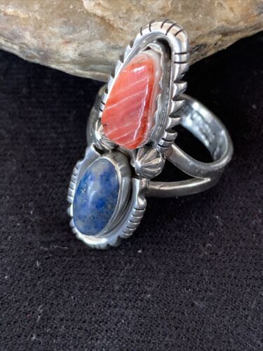 Navajo Red Spiny Oyster, Lapis, and Multi-Stone Ring | Authentic Native American Sterling Silver | Sz 10.5 | 1077