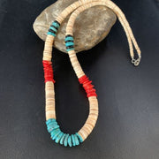 Authentic Native American Santo Domingo Necklace | Red Coral, Blue Turquoise, Onyx Shell | 22" | 13487