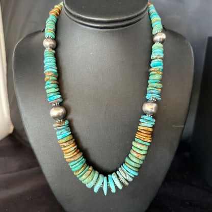Navajo Blue Green Turquoise Bead Necklace | Sterling Silver | Graduated | Authentic Native American | 20" | 14240