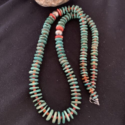 Authentic Native American Navajo Necklace | Sterling Silver | Green Turquoise & Spiny Oyster | 32" | 1670
