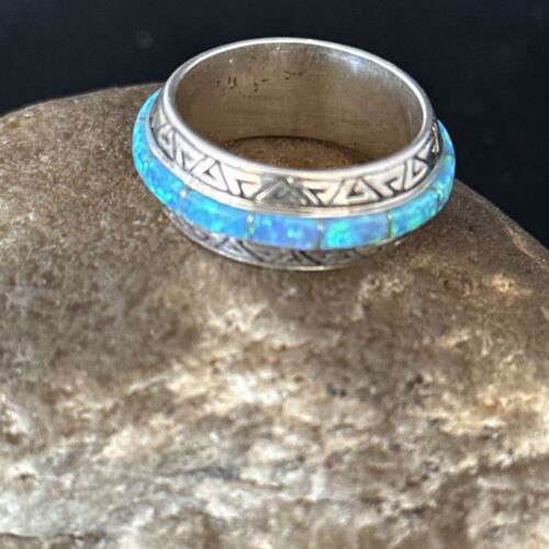 Navajo Blue Opal Inlay Eternity Band Ring | Sterling Silver | Sz 8 | Authentic Native American Handmade | 14544