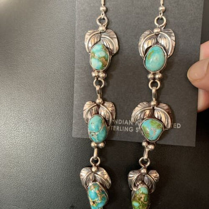 Navajo Sonoran Gold Turquoise Earrings | Sterling Silver | 3 Dangle | Authentic Native American Handmade | 13923