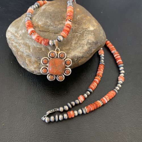 Navajo Pearl Necklace with Red Apple Coral, Spiny Oyster Pendant Multi-Stone | Authentic Native American Sterling Silver | Multi-Stone | 12372