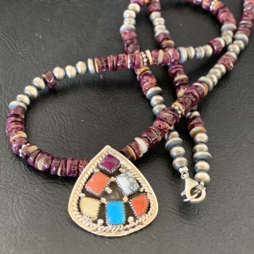 Navajo Multi-Color Multi-Stone Pendant | Authentic Native American Sterling Silver | Purple Spiny Oyster Necklace | 12356