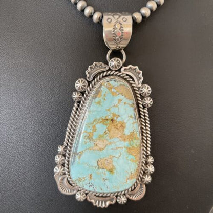 Navajo Royston Turquoise Pendant Necklace | Sterling Silver | Authentic Native American Handmade | 01365