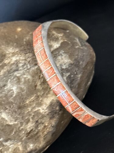 Authentic Native American Navajo Sterling Silver Bracelet | Red Spiny Oyster Inlay | Old Pawn | 14532
