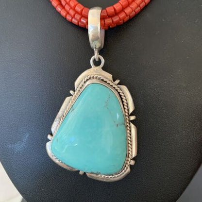 Navajo Red Coral Turquoise Bead Necklace Pendant | Sterling Silver | Multi-Strand | 1953