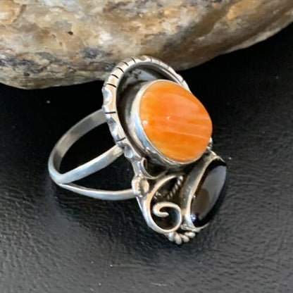 Navajo Black Onyx Orange Spiny Oyster Multi-Stone Ring | Authentic Native American Sterling Silver | Sz 11 | 02168