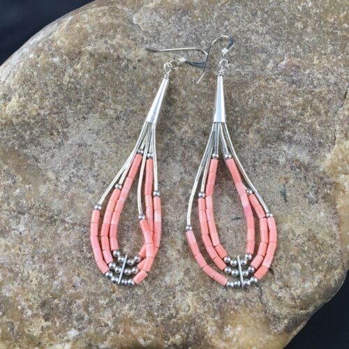 Handmade Liquid Silver Tube Bead Heishi Dangle Earrings | Pink Coral | Sterling Silver | 2.25" | 2025
