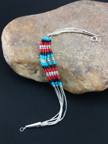 Multi-Color Turquoise Coral Liquid Heishi Bracelet | Sterling Silver | 7" | Authentic Native American Handmade | 13595