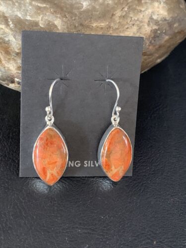 Native American Orange Apple Coral Dangle Drop Earrings | Sterling Silver | 1" | 14096