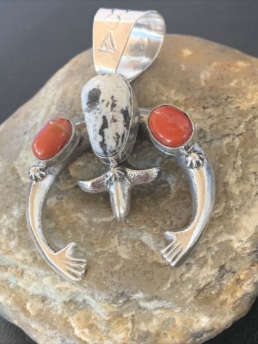 Navajo White Buffalo Turquoise Coral Naja Pendant | Sterling Silver | Authentic Native American Handmade | 11573