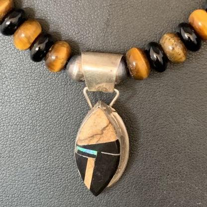 Navajo Sterling Silver Inlay Necklace with Black Onyx, Tigers Eye, Picture Jasper | 22" | 13761