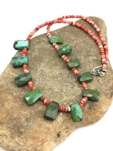 Spiny Oyster & Faceted Turquoise Navajo Sterling Silver Necklace | 20" | Teardrop | 4917